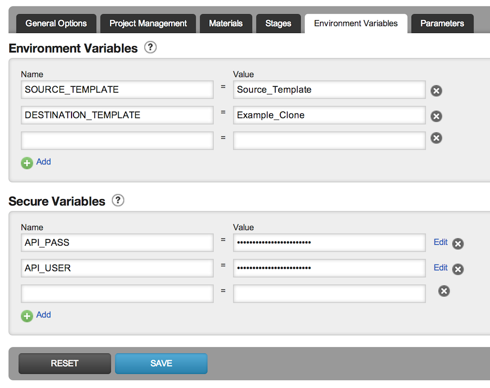 Environment Variables view