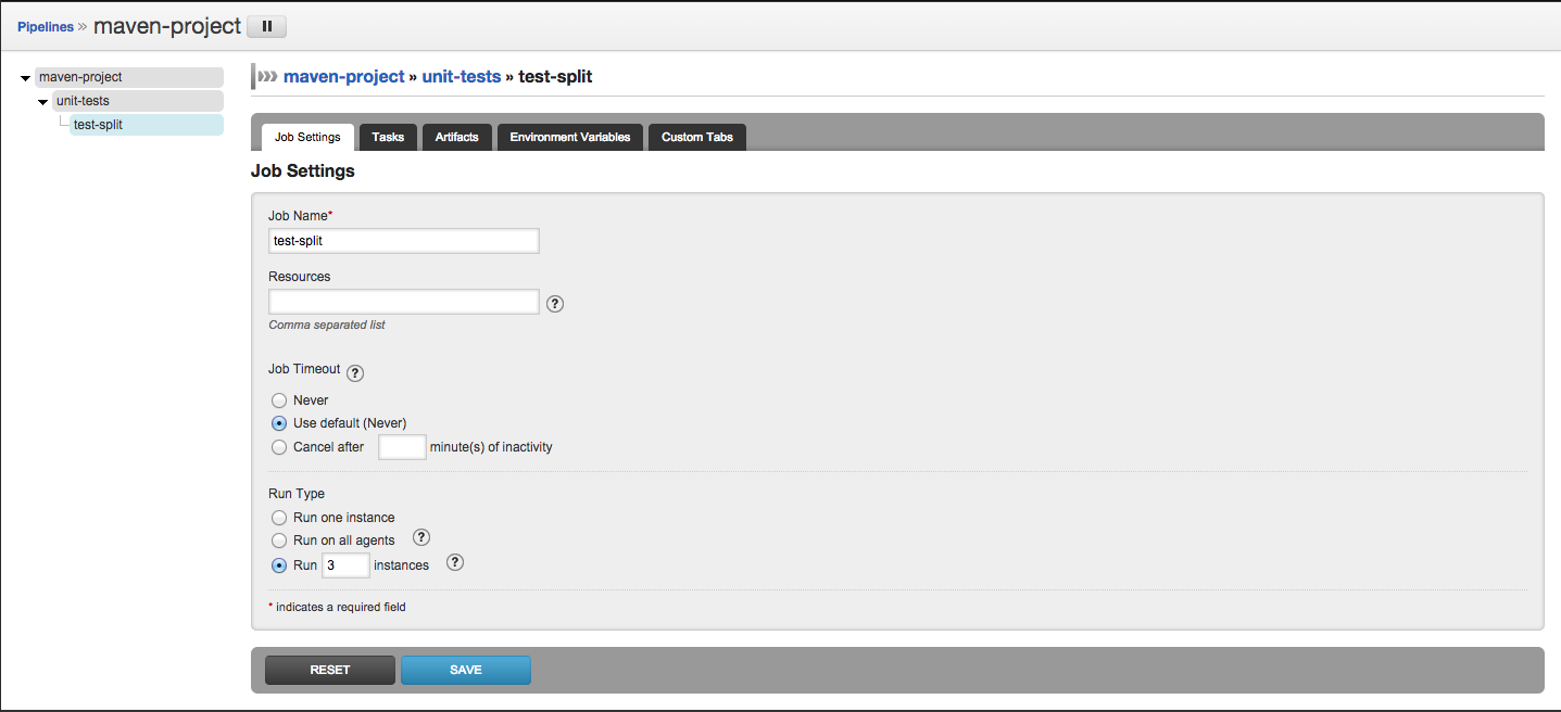 Job Settings configured for three instances